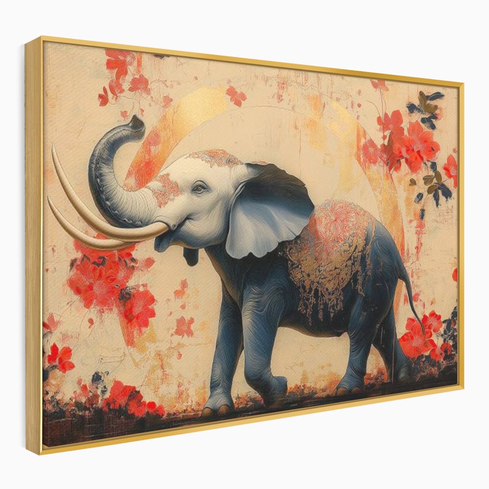 Tablou canvas cu tablou canvas cu elefant albastru, in rama de aluminiu auriu